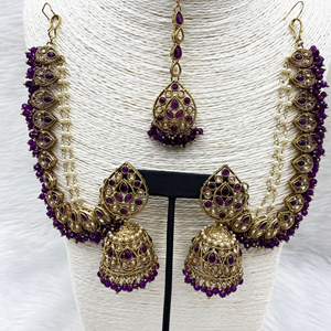 Tabu Purple Polki Stone Sahara Earring Tikka Set - Antique Gold