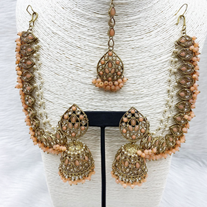 Tabu Peach Polki Stone Sahara Earring Tikka Set - Antique Gold