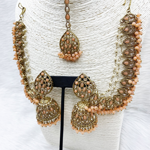 Tabu Peach Polki Stone Sahara Earring Tikka Set - Antique Gold