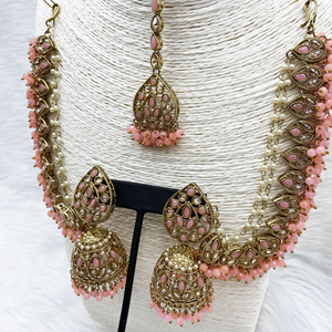 Tabu Baby Pink Polki Stone Sahara Earring Tikka Set - Antique Gold