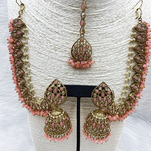 Tabu Baby Pink Polki Stone Sahara Earring Tikka Set - Antique Gold