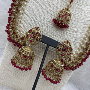 Tabu Pink Polki Stone Sahara Earring Tikka Set - Antique Gold