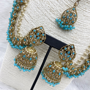 Tabu Light Blue Polki Stone Sahara Earring Tikka Set - Antique Gold