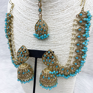 Tabu Light Blue Polki Stone Sahara Earring Tikka Set - Antique Gold