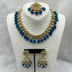 Diu Navy Blue Kundan Necklace Set - Gold  