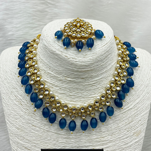 Diu Navy Blue Kundan Necklace Set - Gold  