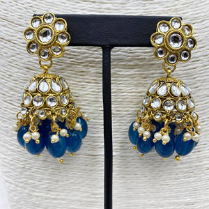 Diu Navy Blue Kundan Necklace Set - Gold  