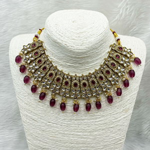 Kasi Maroon Kundan Necklace Set - Gold 