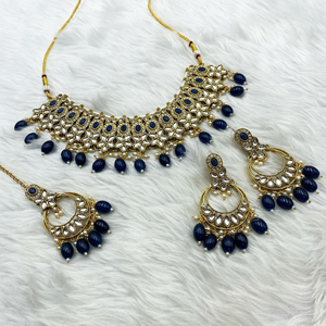 Kasi Navy Blue Kundan Necklace Set - Gold 