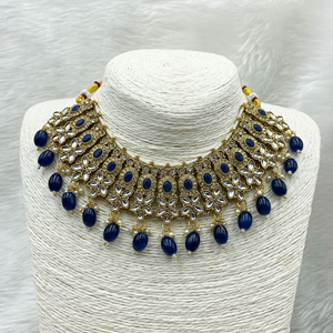 Kasi Navy Blue Kundan Necklace Set - Gold 