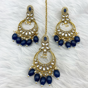 Kasi Navy Blue Kundan Necklace Set - Gold 