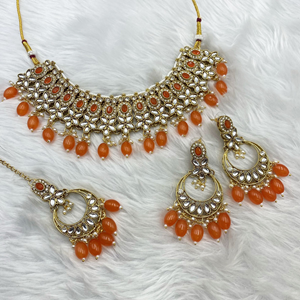 Kasi Orange Kundan Necklace Set - Gold  