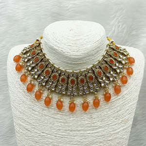 Kasi Orange Kundan Necklace Set - Gold  