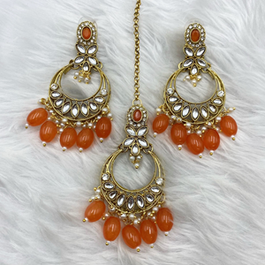 Kasi Orange Kundan Necklace Set - Gold  