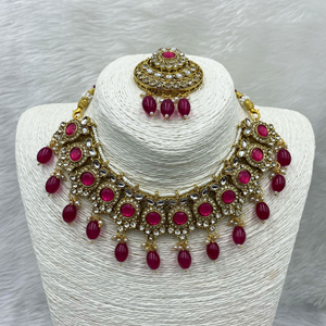 Sara Pink Kundan Necklace Set - Gold  