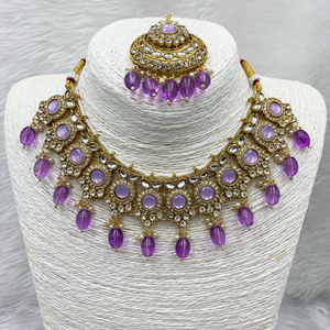 Sara Lilac Kundan Necklace Set - Gold  