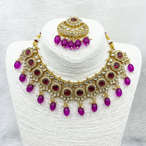 Sara Purple Kundan Necklace Set - Gold 