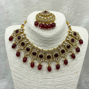 Sara Maroon Kundan Necklace Set - Gold  