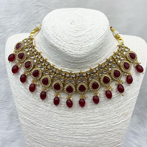 Akti Maroon Kundan Necklace Set - Gold