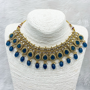 Akti Navy Blue Kundan Necklace Set - Gold