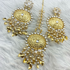 Amar -White Kundan/ Champagne Pearl  Earring Tikka Set - Gold