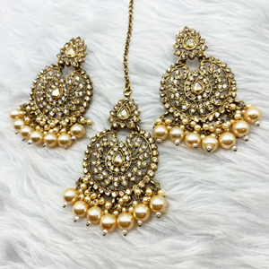 Dhra Gold Diamante Earring Tikka Set - Antique Gold