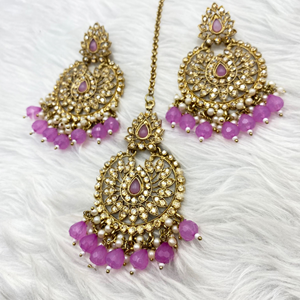 Dhra Lilac Diamante Earring Tikka Set - Antique Gold