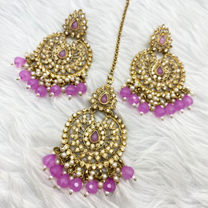 Dhra Lilac Diamante Earring Tikka Set - Antique Gold