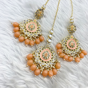 Tini -Peach White Diamante Earring Tikka Set - Light Gold