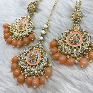 Tini -Peach White Diamante Earring Tikka Set - Light Gold