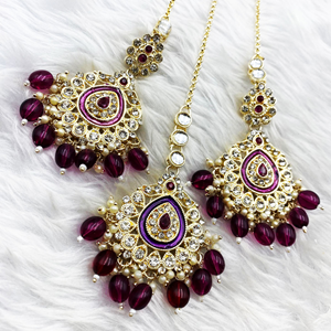 Tini -Purple White Diamante Earring Tikka Set - Light Gold