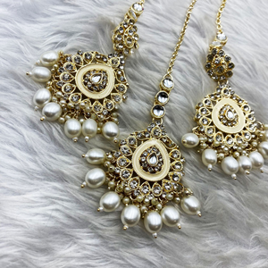 Tini - White Diamante Earring Tikka Set - Light Gold