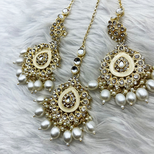 Tini - White Diamante Earring Tikka Set - Light Gold