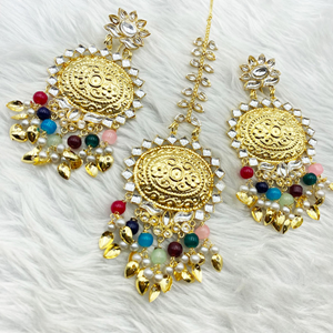 Giaa -White Kundan/ Multicolour Beads Earring Tikka Set - Gold