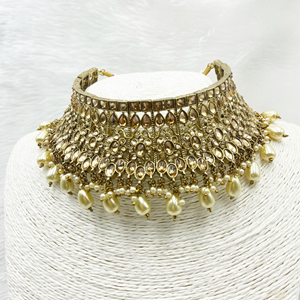 Mahak- Gold Polki Stone Choker Necklace Set -Antique Gold