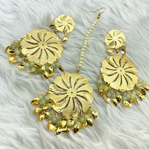 Bindya Mint Gold Earring Tikka Set - Gold