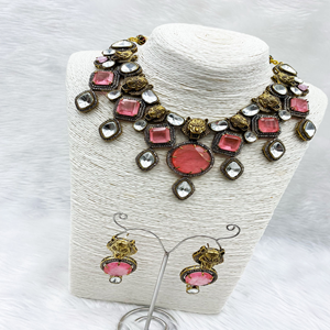 Nitya Coral American Diamond Necklace Set - Gun Metal