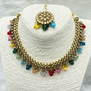 Amraya Gold Polki/Multicolour Beads Necklace Set - Antique Gold