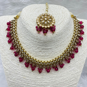 Amraya Gold Polki/Hot Pink Beads Necklace Set - Antique Gold