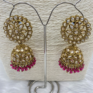 Amraya Gold Polki/Hot Pink Beads Necklace Set - Antique Gold