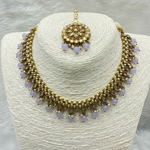 Amraya Gold Polki/Lilac Beads Necklace Set - Antique Gold