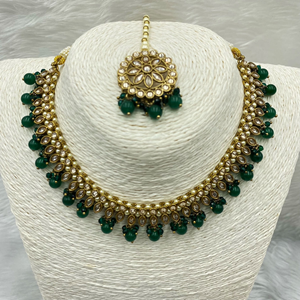 Amraya Gold Polki/Green Beads Necklace Set - Antique Gold