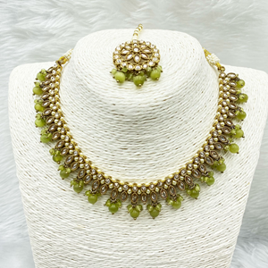 Amraya Gold Polki/Olive Beads Necklace Set - Antique Gold