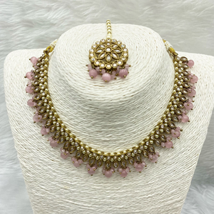 Amraya Gold Polki/Baby Pink Beads Necklace Set - Antique Gold