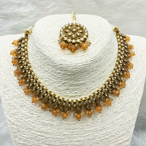 Amraya Gold Polki/Peach Beads Necklace Set - Antique Gold