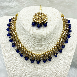 Amraya Gold Polki/Blue Beads Necklace Set - Antique Gold