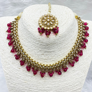 Amraya Gold Polki/Purple Beads Necklace Set - Antique Gold