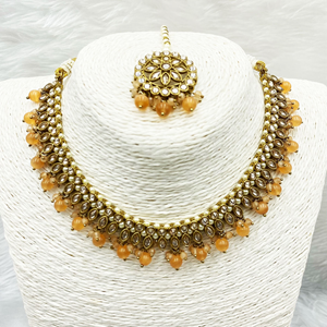 Amraya Gold Polki/Peach Beads Necklace Set - Antique Gold