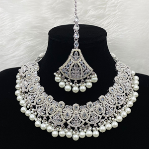 Jeev White Polki Stone Necklace Set - Silver