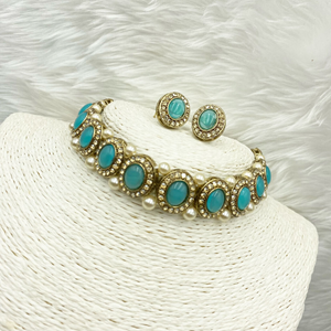 Eshti Turquoise Choker Necklace Set - Gold